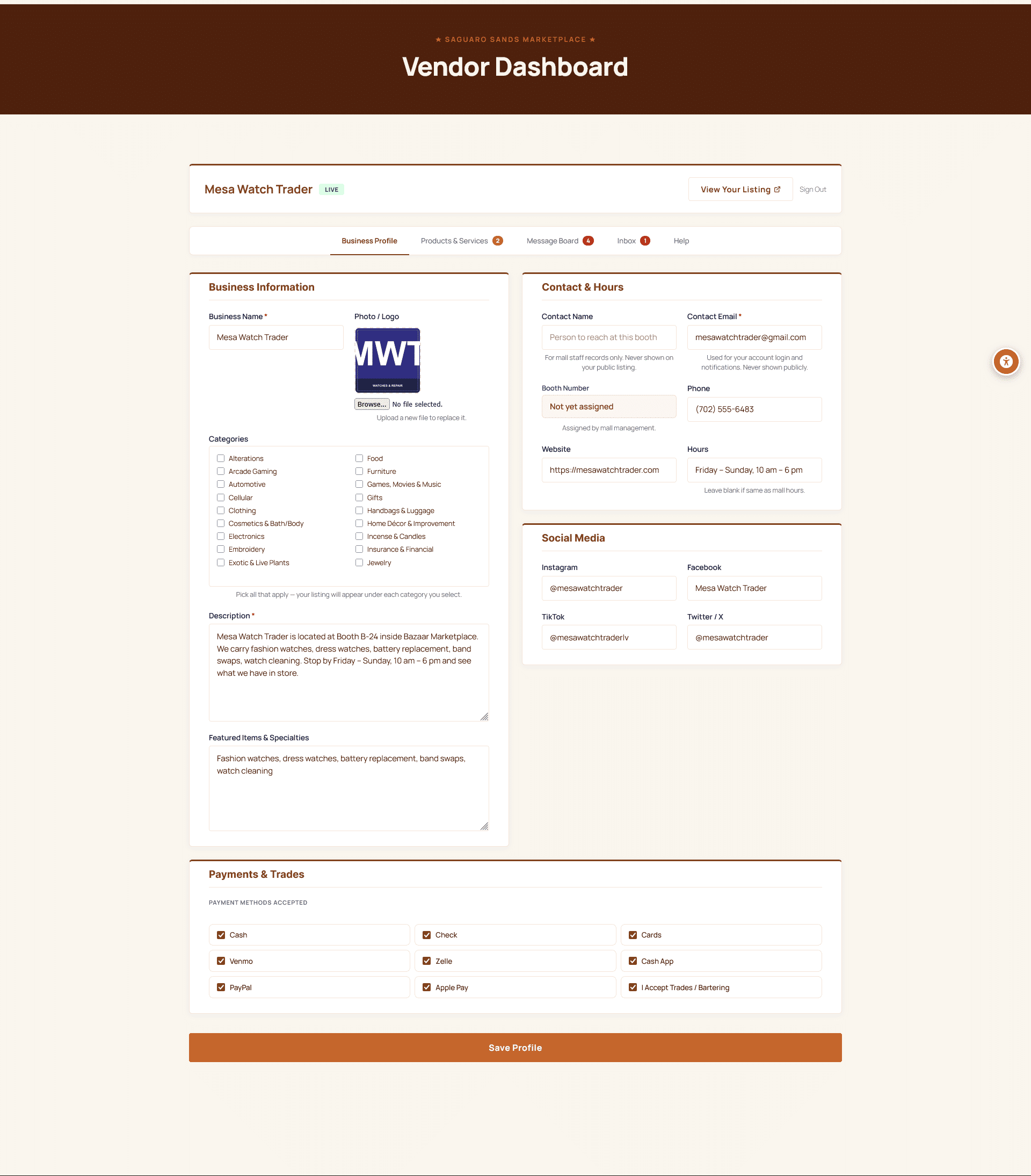 The vendor portal — branded page header, vendor card showing Desert Denim Co. with View Your Listing button, dashboard tabs (Business Profile active, Products and Services, Message Board, Inbox, Help), and the Business Information and Contact and Hours form sections.
