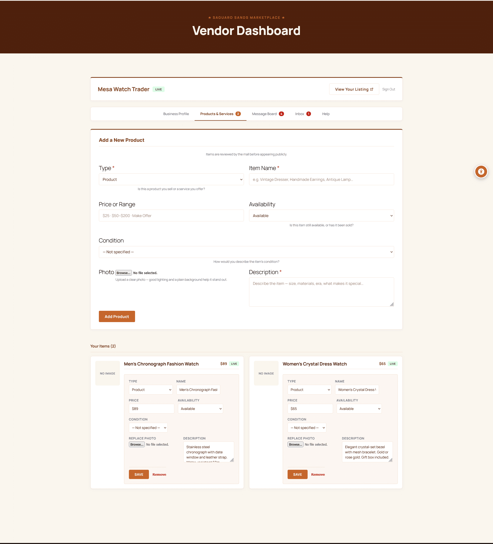 Vendor portal — Products and Services tab showing the Add a New Product form with Type, Item Name, Price or Range, Availability, Condition, Photo, and Description fields.