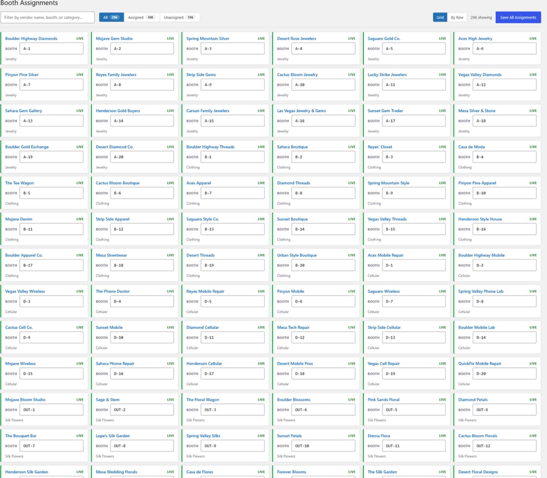 Operator admin Booth Assignments page — filter bar with All, Assigned, Unassigned tabs and a Save All Assignments button, then a five-column grid of vendor cards each showing the vendor name, LIVE badge, editable booth number input, and category.