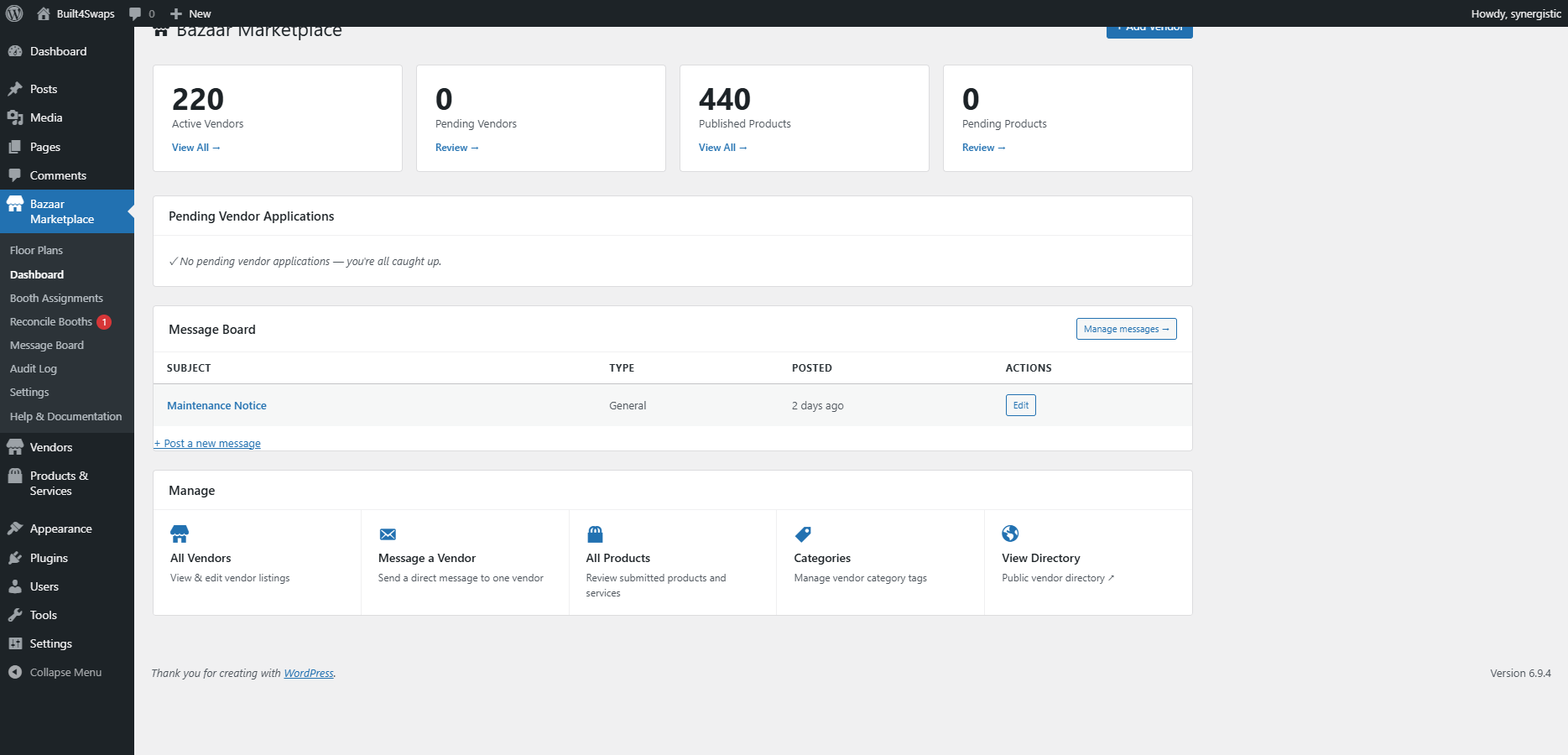 WordPress admin showing the Vendor Directory Hub: stat tiles for active vendors, pending vendors, published products, and pending products; a Pending Vendor Applications panel; a Message Board panel; and a Manage panel with quick-action tiles.