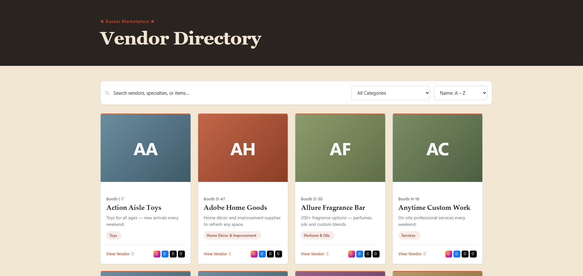 The public vendor directory page — branded header band, search bar, category and sort filters, and a grid of vendor cards.