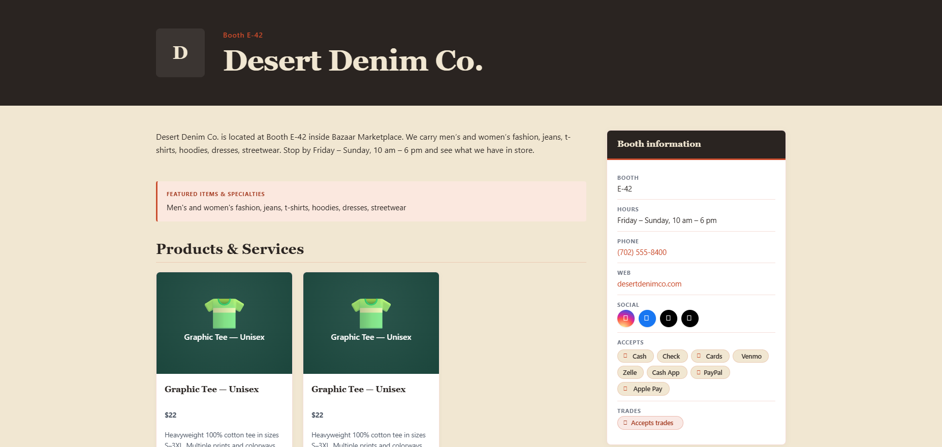 A single vendor detail page — booth and category eyebrow, vendor name, description, featured items, products grid, and booth-information sidebar.
