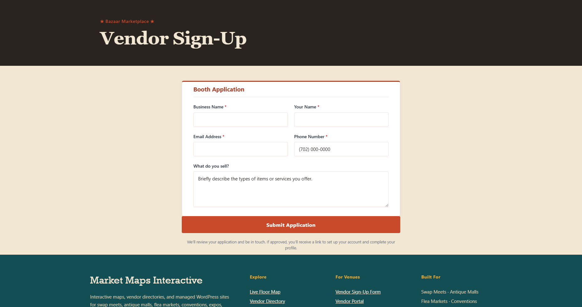 The public vendor sign-up form — branded page header, Booth Application card with business name, contact name, email, phone, and What do you sell? fields, and a Submit Application button.