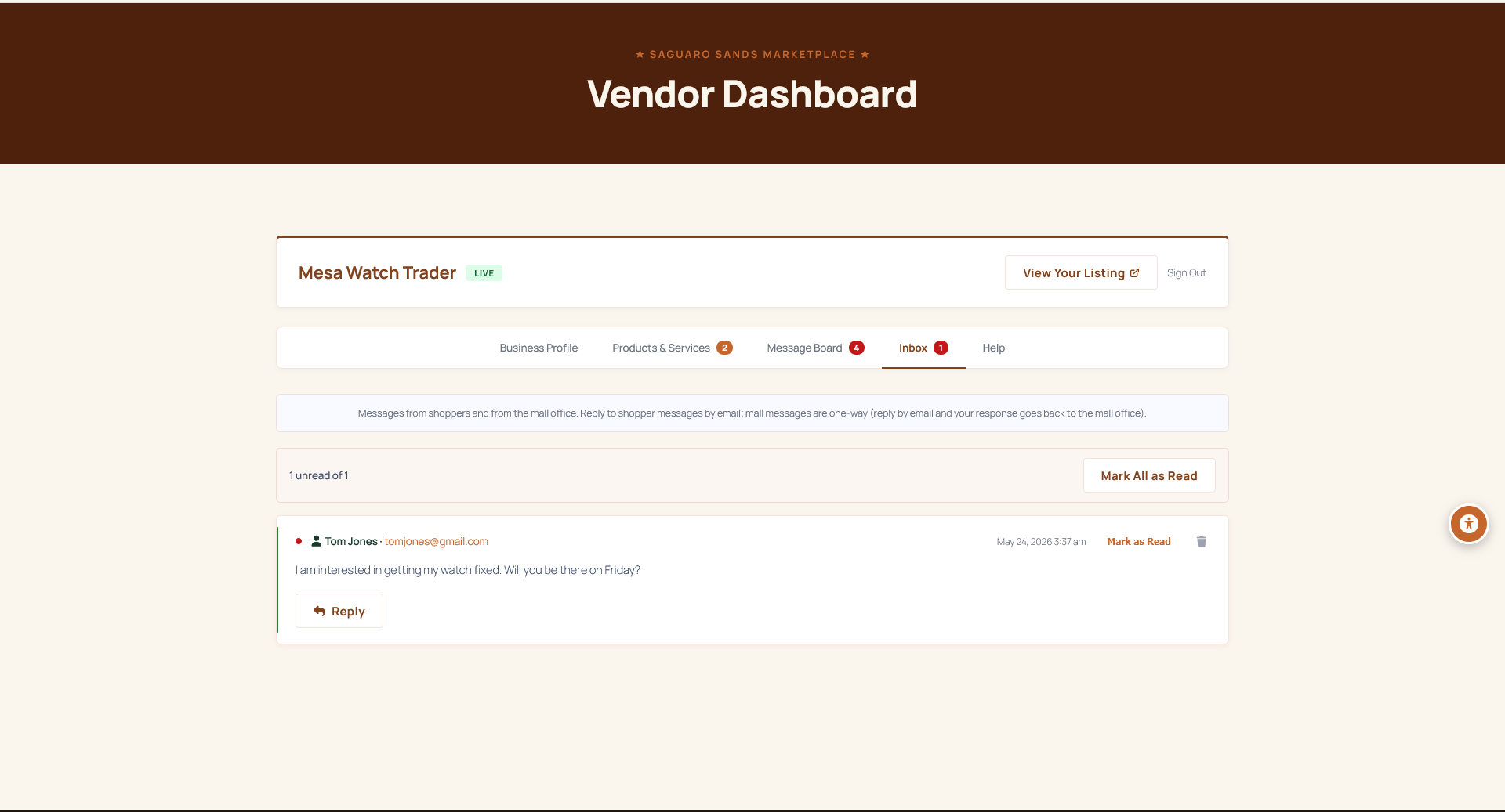 Vendor portal Inbox tab &mdash; a shopper message from Tom Jones asking about Friday repair availability, with a Reply button and Mark as Read action.