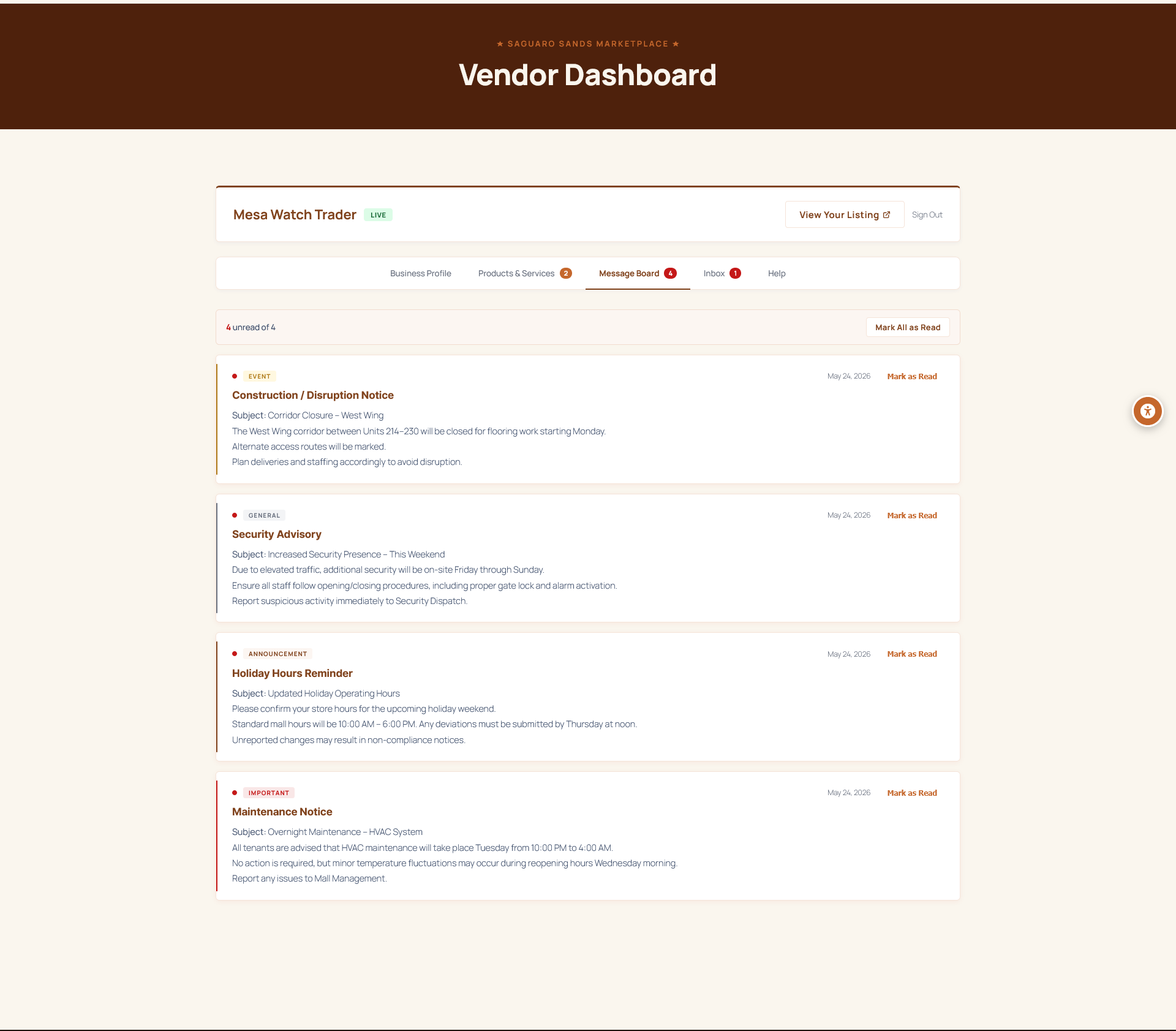 Vendor portal Message Board tab &mdash; four venue-wide notices from the operator: Construction / Disruption Notice, Security Advisory, Holiday Hours Reminder, and Maintenance Notice, each with subject, body, and category tag.