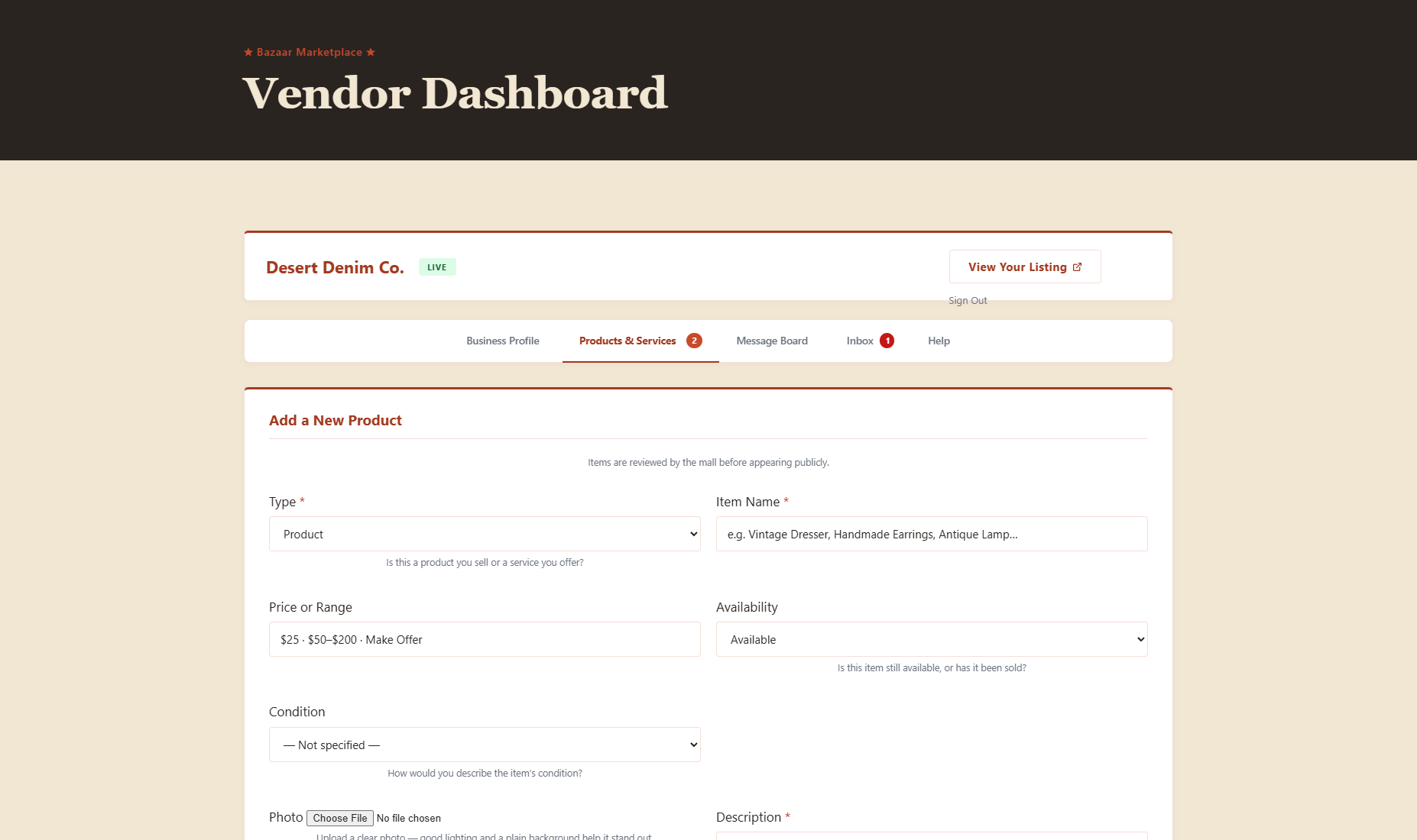 Vendor portal — Products and Services tab showing the Add a New Product form with Type, Item Name, Price or Range, Availability, Condition, Photo, and Description fields.