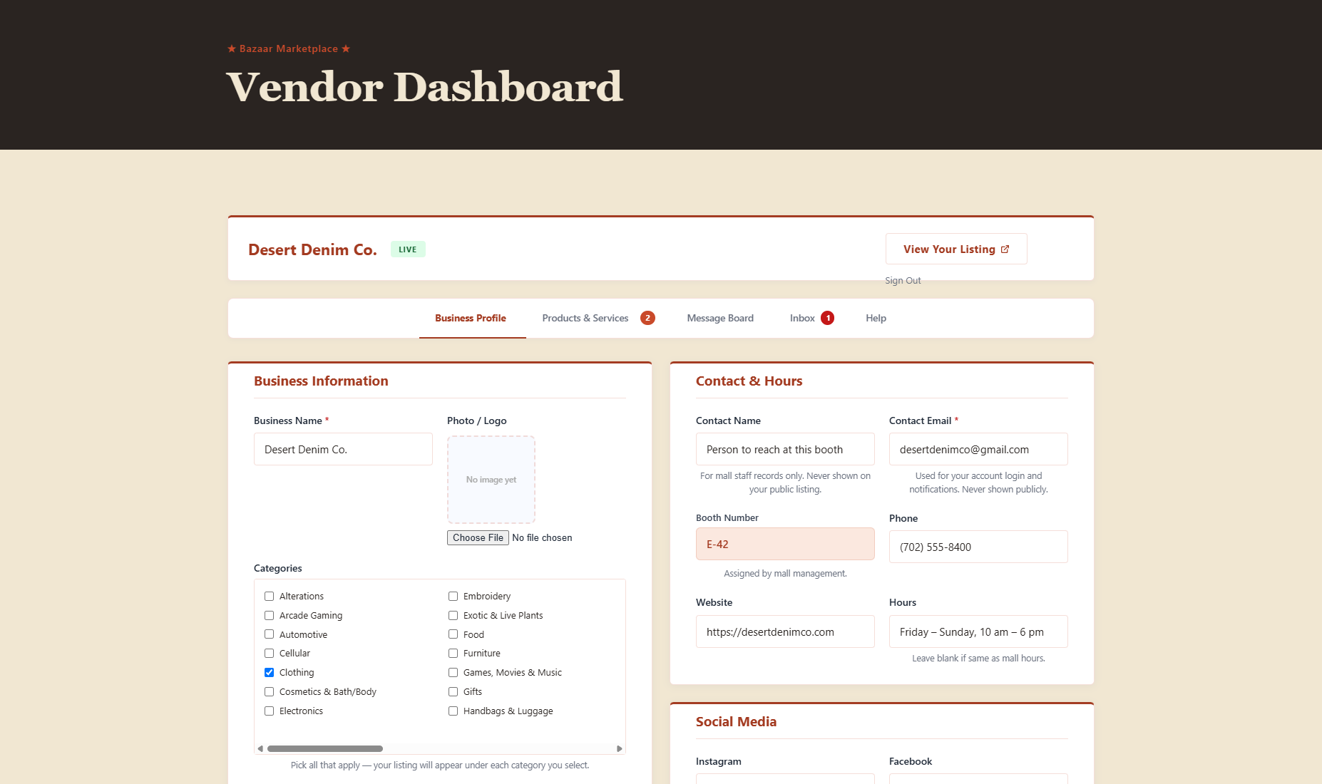 The vendor portal — branded page header, vendor card showing Desert Denim Co. with View Your Listing button, dashboard tabs (Business Profile active, Products and Services, Message Board, Inbox, Help), and the Business Information and Contact and Hours form sections.
