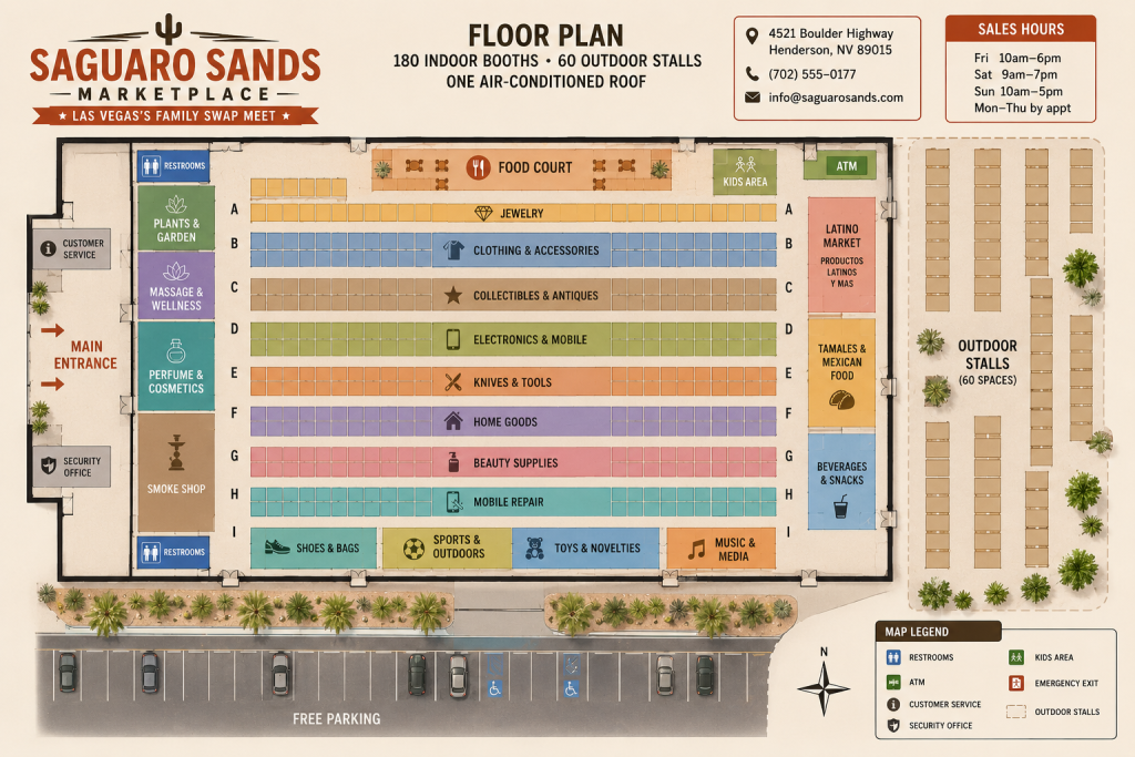 The interactive floor map for Saguaro Sands &mdash; 180 booths and 60 outdoor stalls, every category color-coded, every booth clickable on the live demo